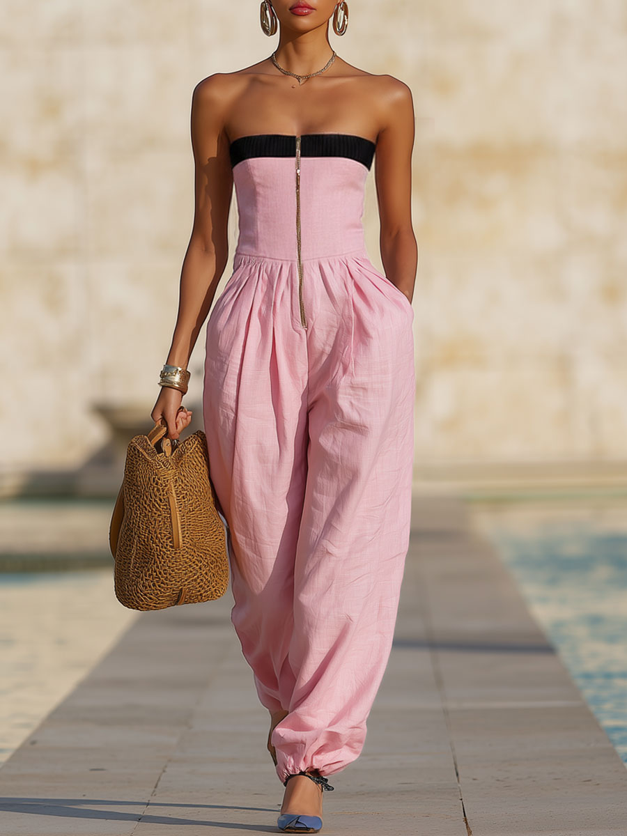 Fashionable Vacation Retro Pink Cotton Linen Ribbed Strapless Zip-up Jumpsuit