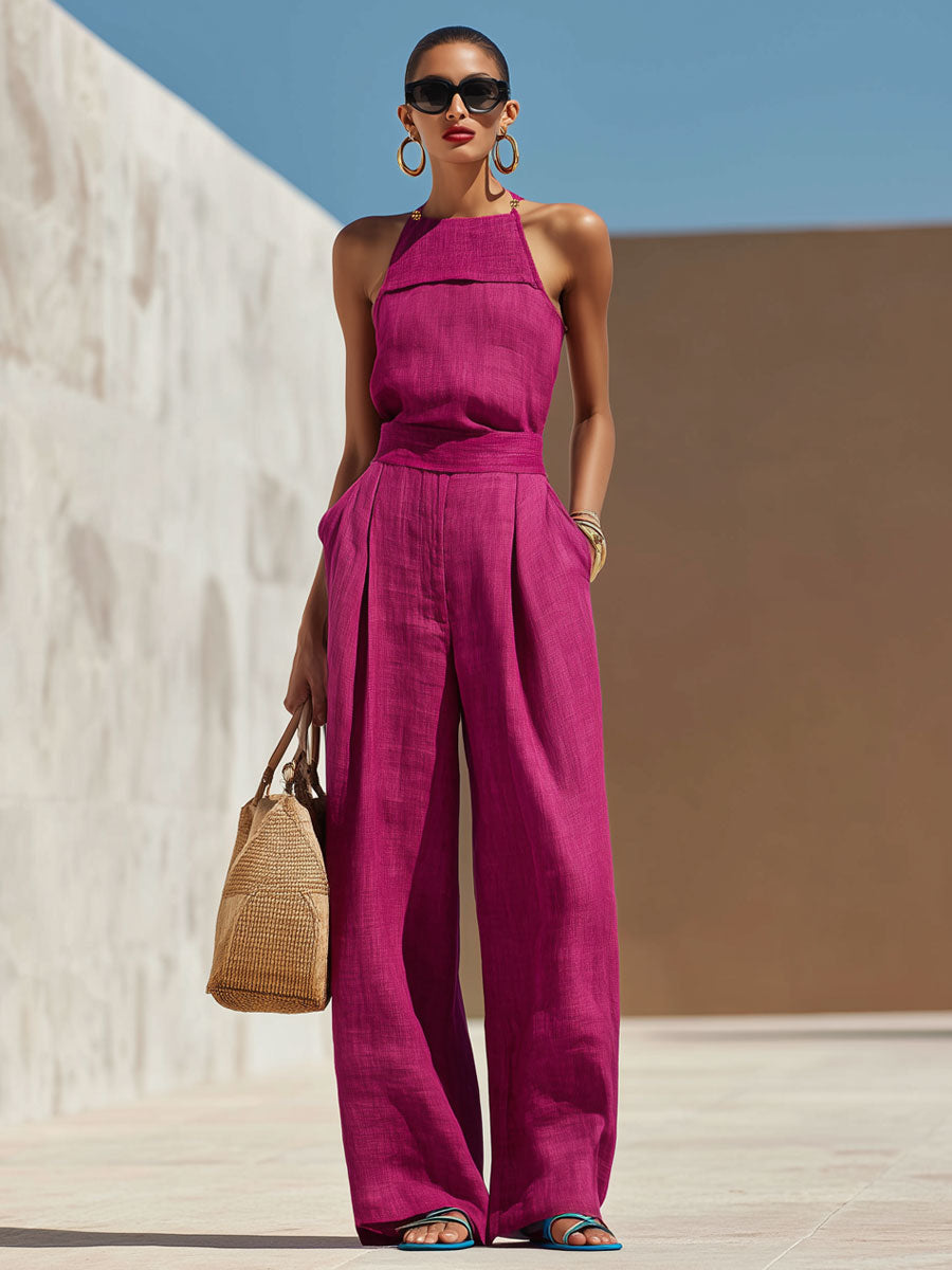 Fashionable Vacation Retro Purple-red Cotton Linen Sleeveless Top And Wide-leg Pants Set
