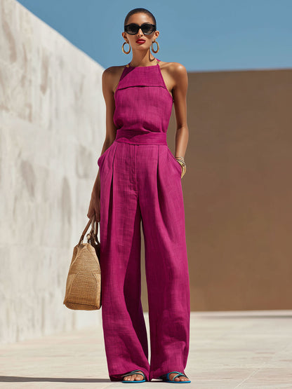Fashionable Vacation Retro Purple-red Cotton Linen Sleeveless Top And Wide-leg Pants Set