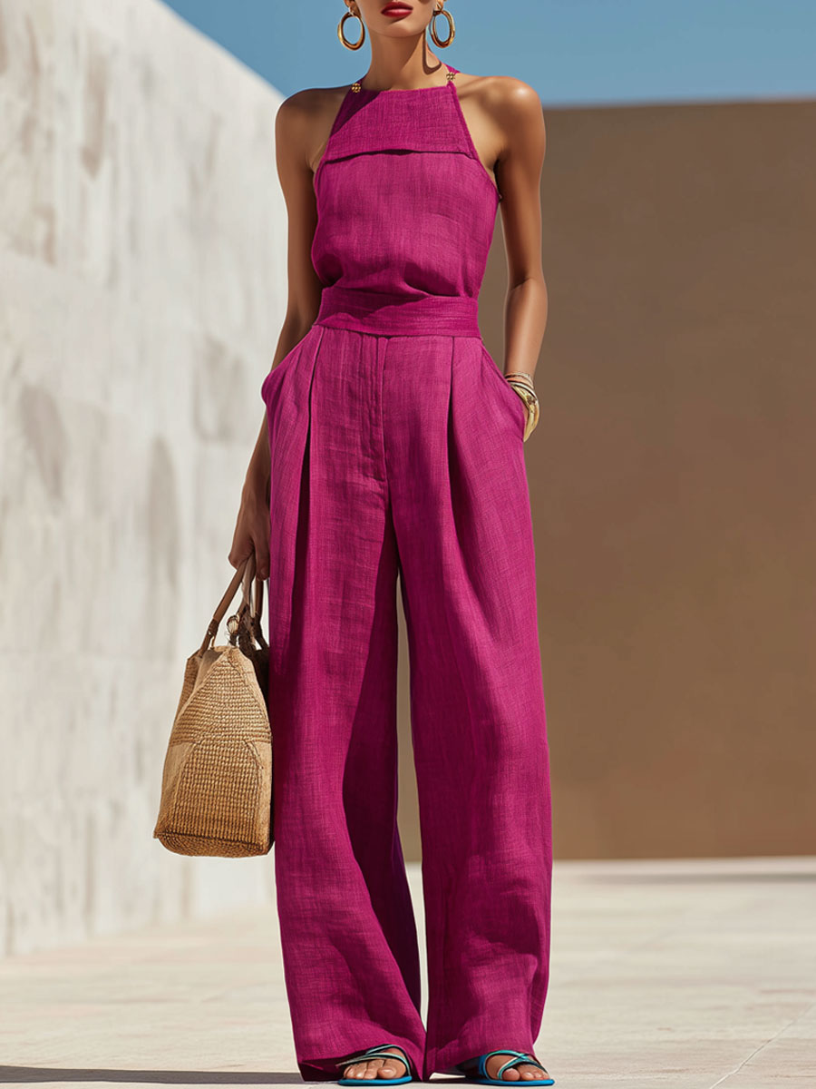 Fashionable Vacation Retro Purple-red Cotton Linen Sleeveless Top And Wide-leg Pants Set