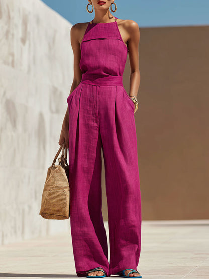 Fashionable Vacation Retro Purple-red Cotton Linen Sleeveless Top And Wide-leg Pants Set