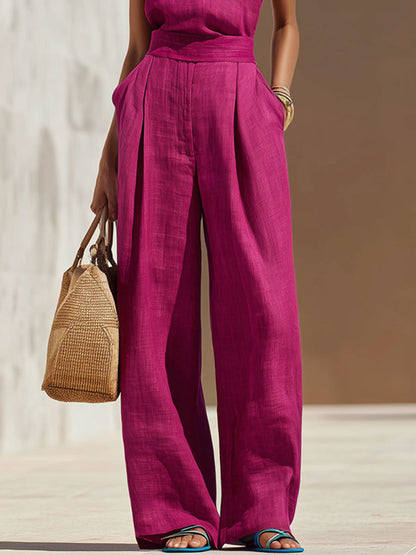 Fashionable Vacation Retro Purple-red Cotton Linen Sleeveless Top And Wide-leg Pants Set