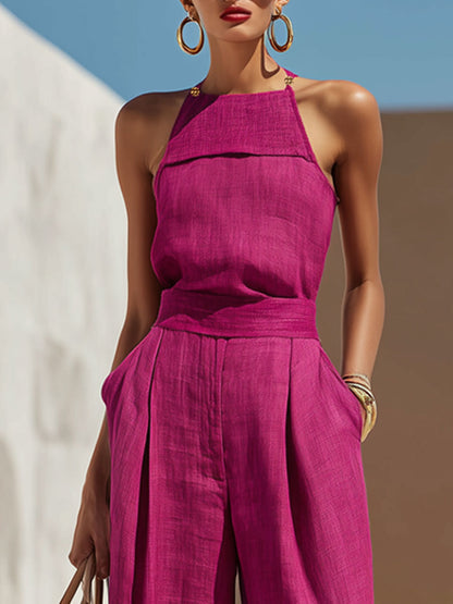 Fashionable Vacation Retro Purple-red Cotton Linen Sleeveless Top And Wide-leg Pants Set