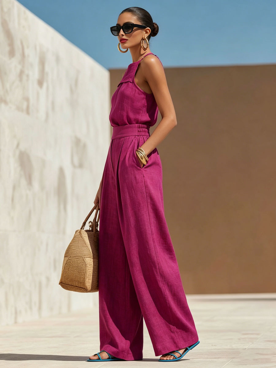 Fashionable Vacation Retro Purple-red Cotton Linen Sleeveless Top And Wide-leg Pants Set