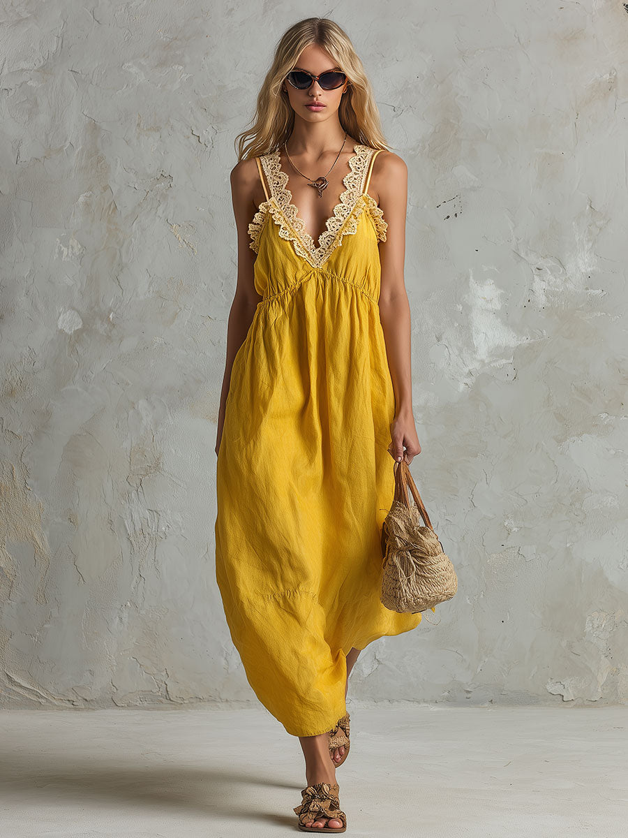 Casual Retro Lace Trim Yellow Sleeveless V-neck Cotton Linen Maxi Dress