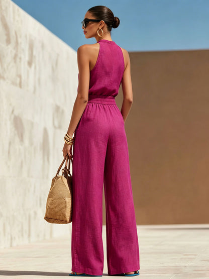 Fashionable Vacation Retro Purple-red Cotton Linen Sleeveless Top And Wide-leg Pants Set