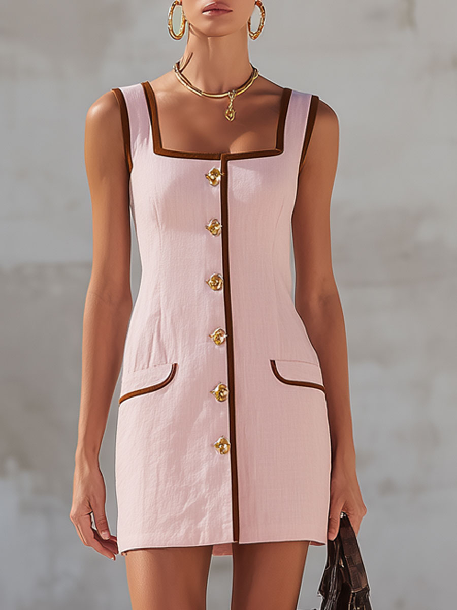 Fashionable Vacation Retro Brown Trim Pink Cotton Linen Sleeveless Mini Dress