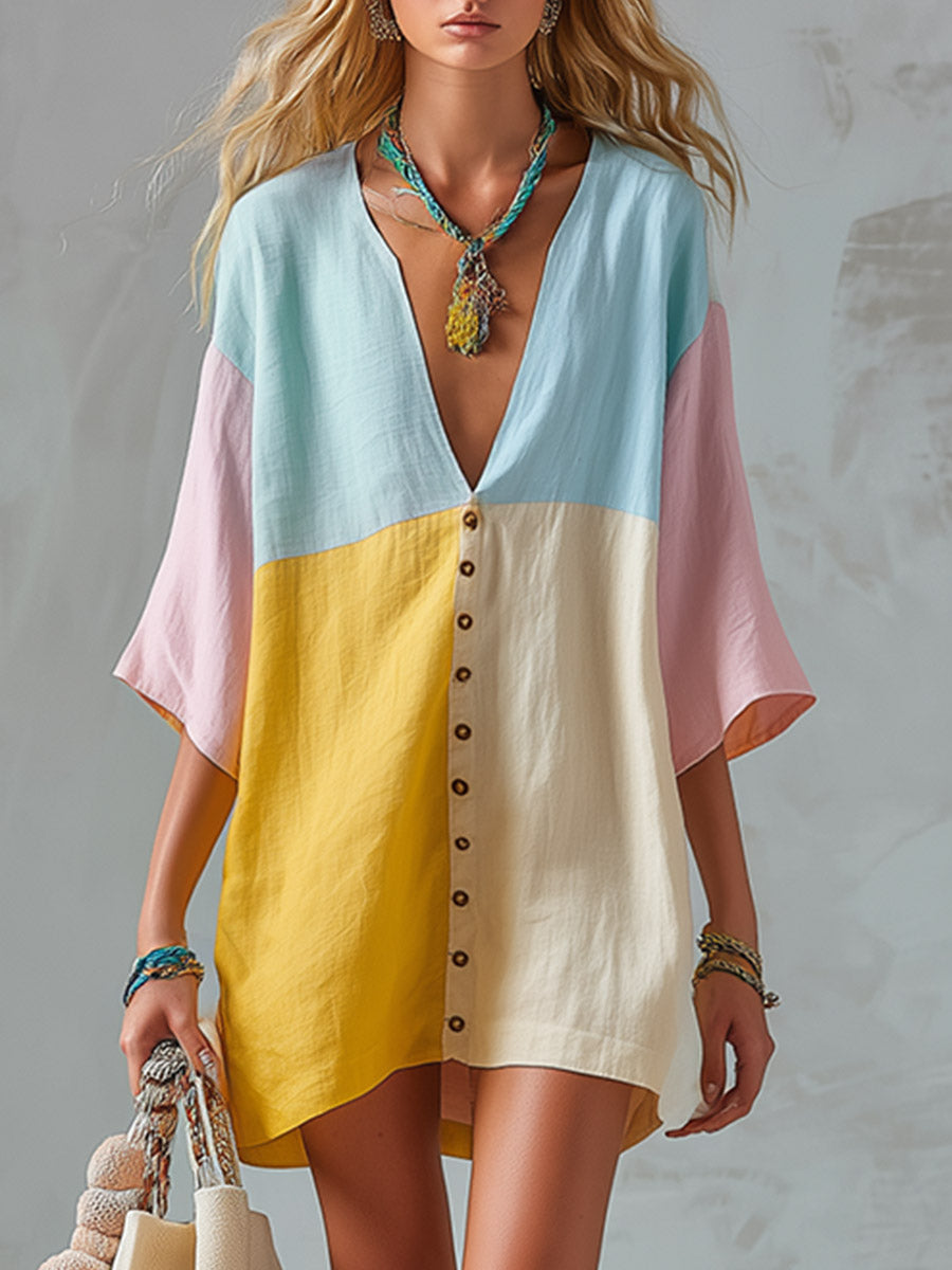 Casual Loose-Fit Color-Block Cotton-Linen Short-Sleeve Mini Dress