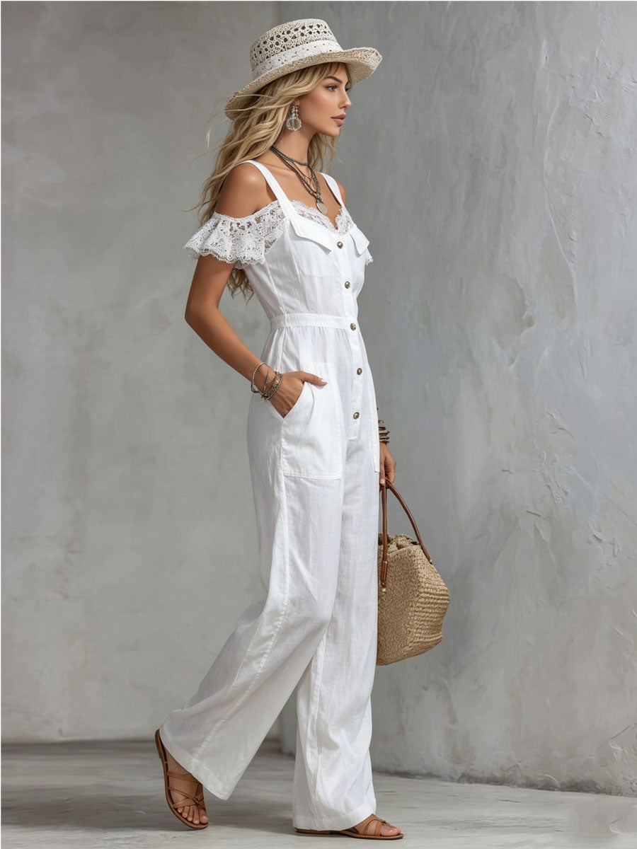 Cotton And Linen Wide-strap Patchwork Lace Short-sleeved Jumpsuit