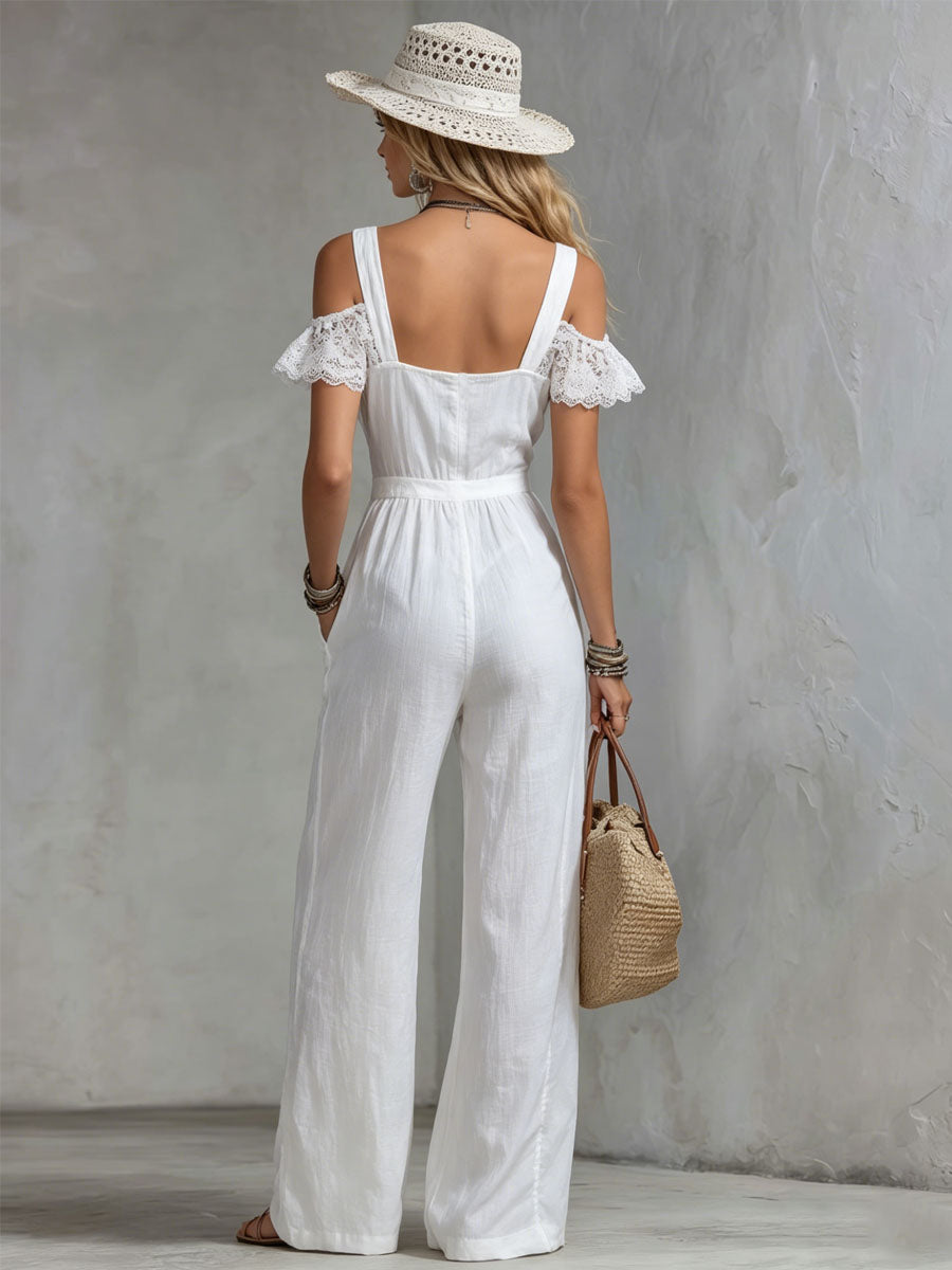 Cotton And Linen Wide-strap Patchwork Lace Short-sleeved Jumpsuit