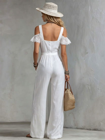 Cotton And Linen Wide-strap Patchwork Lace Short-sleeved Jumpsuit