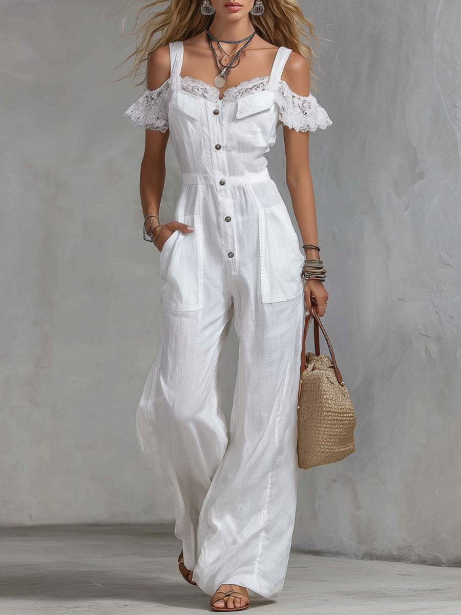 Cotton And Linen Wide-strap Patchwork Lace Short-sleeved Jumpsuit