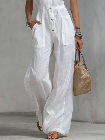 Cotton And Linen Wide-strap Patchwork Lace Short-sleeved Jumpsuit