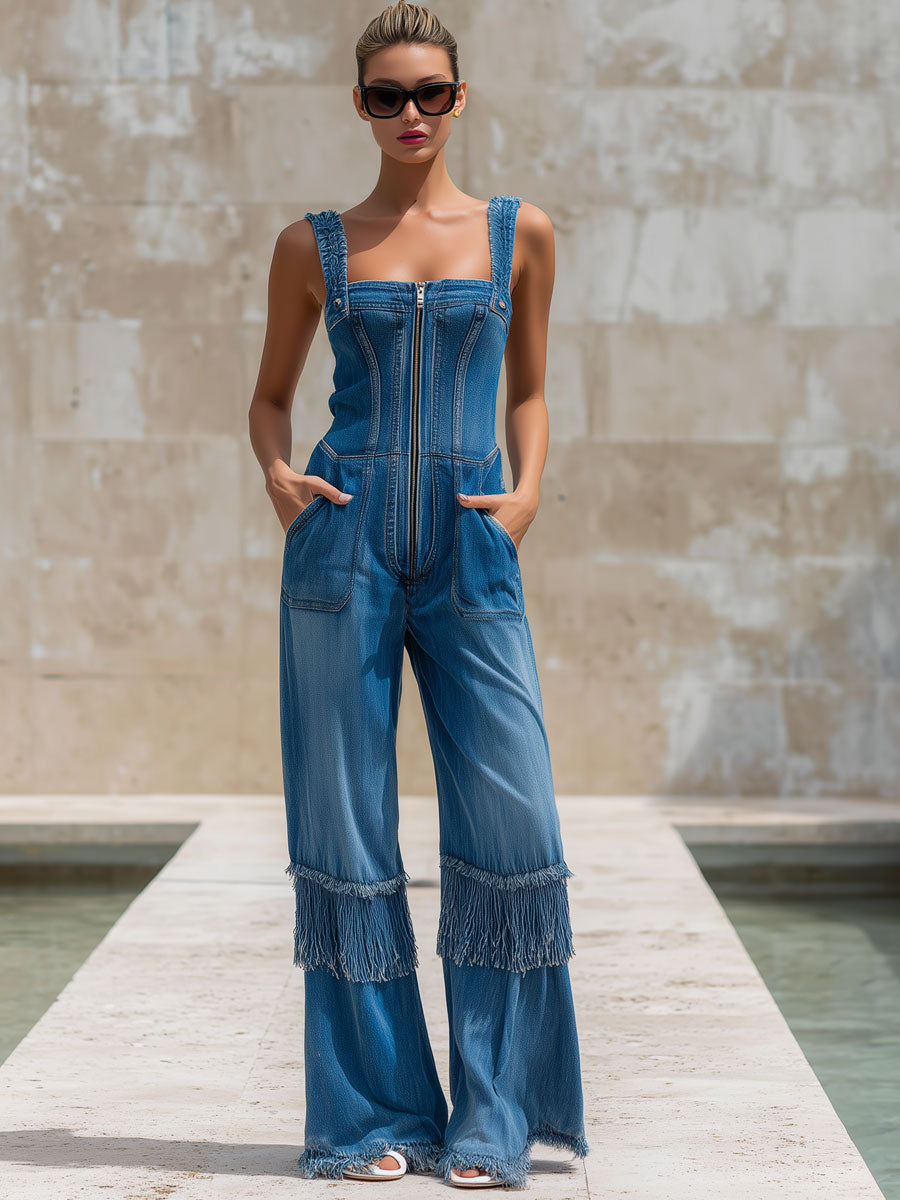Fashionable Vacation Retro Fringed Blue Denim Sleeveless Zip-up Jumpsuit