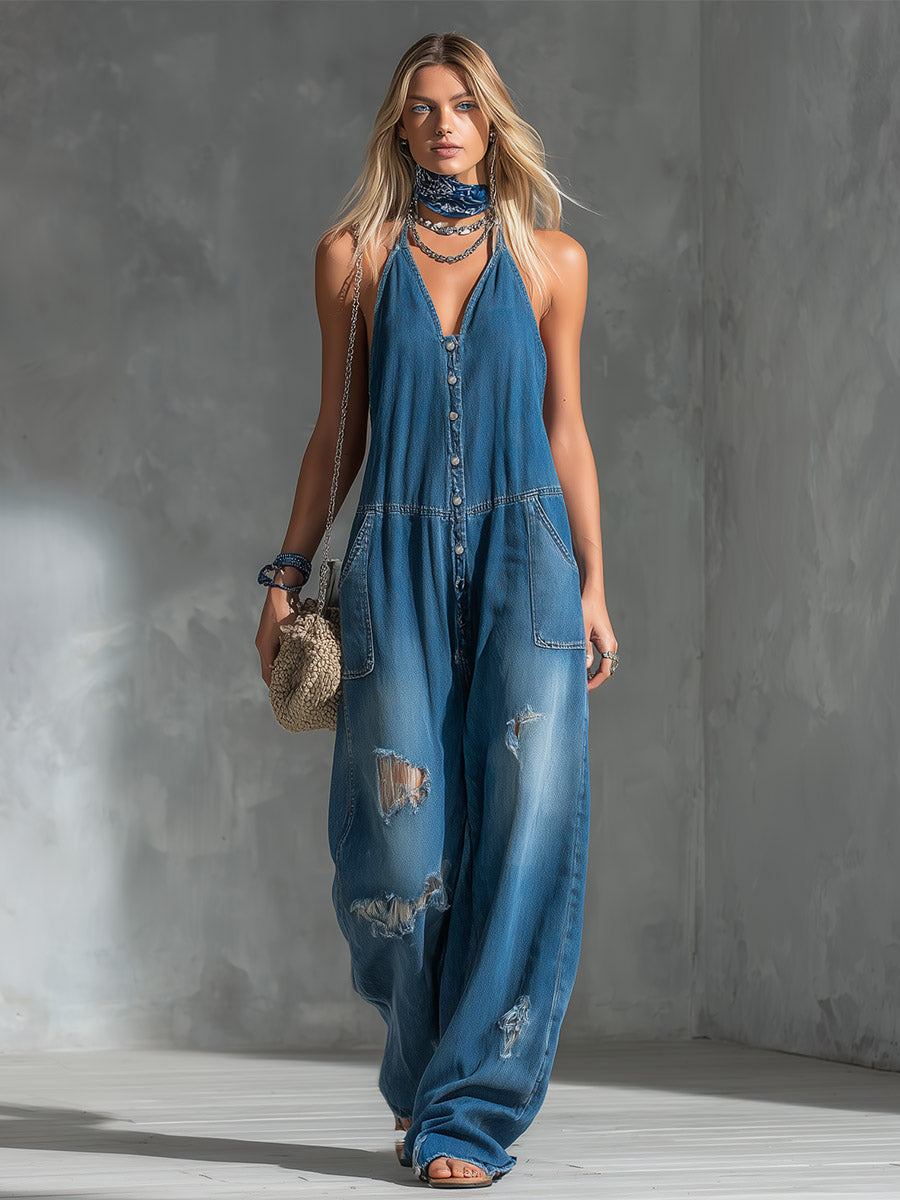 Casual Retro Distressed Blue Ripped Denim Jumpsuit