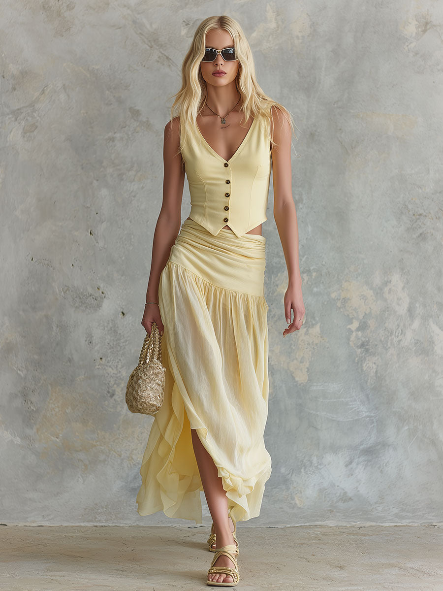 Retro-elegant Yellow Sleeveless V-neck Vest And Chiffon Skirt Set