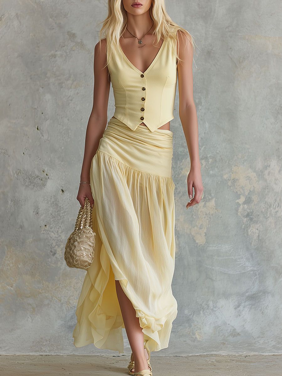 Retro-elegant Yellow Sleeveless V-neck Vest And Chiffon Skirt Set