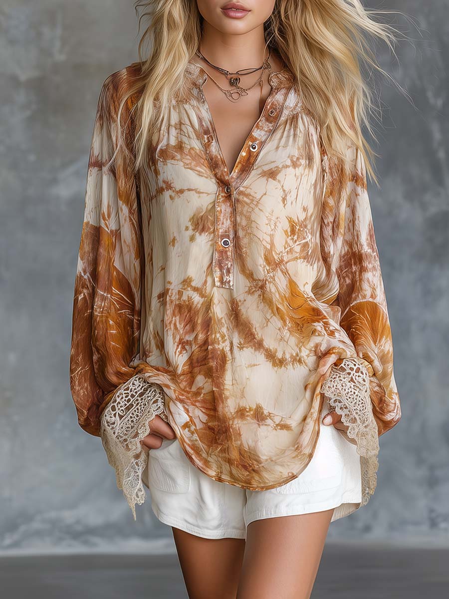 Retro-Casual V-Neck Front-Button Tie-Dye Print Chiffon Blouse