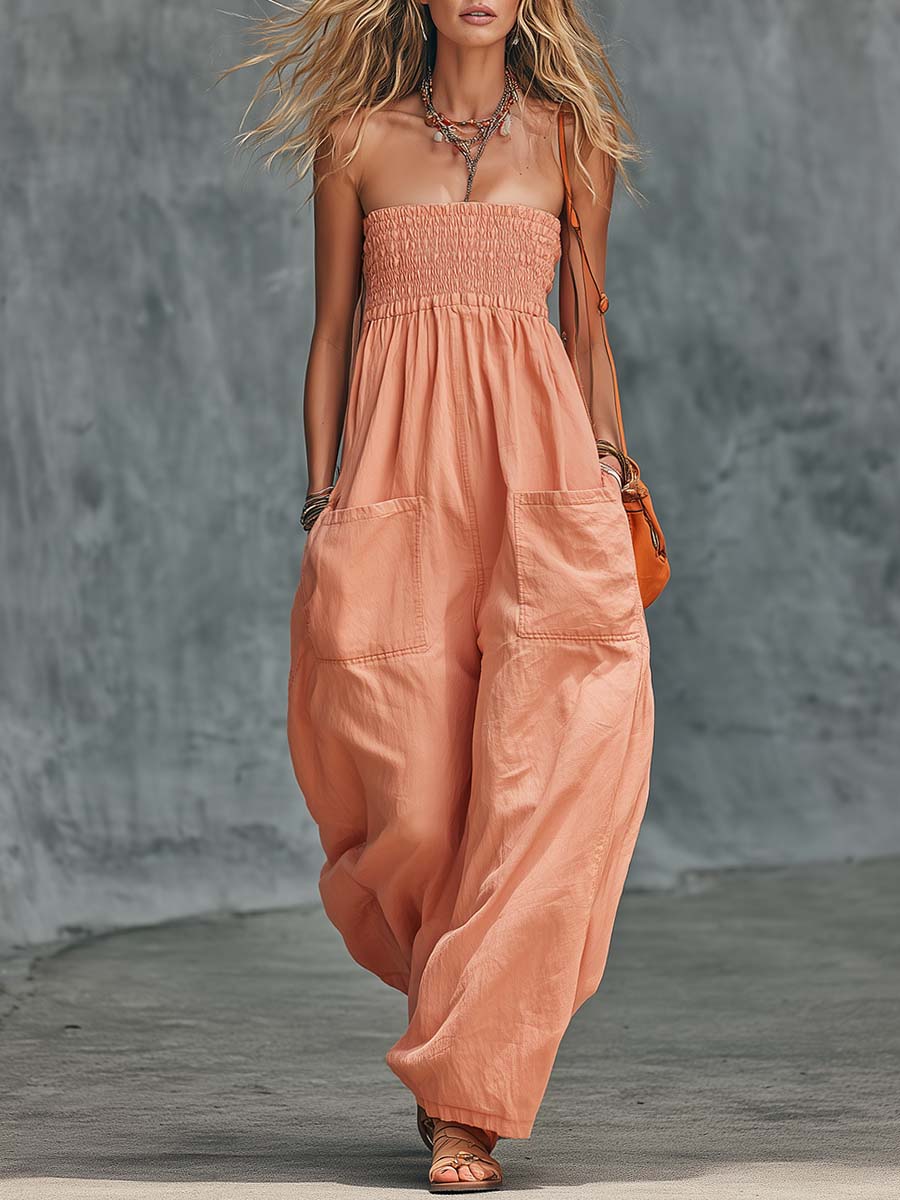 Leisure And Vacation Strapless Orange-Pink Cotton Jumpsuit