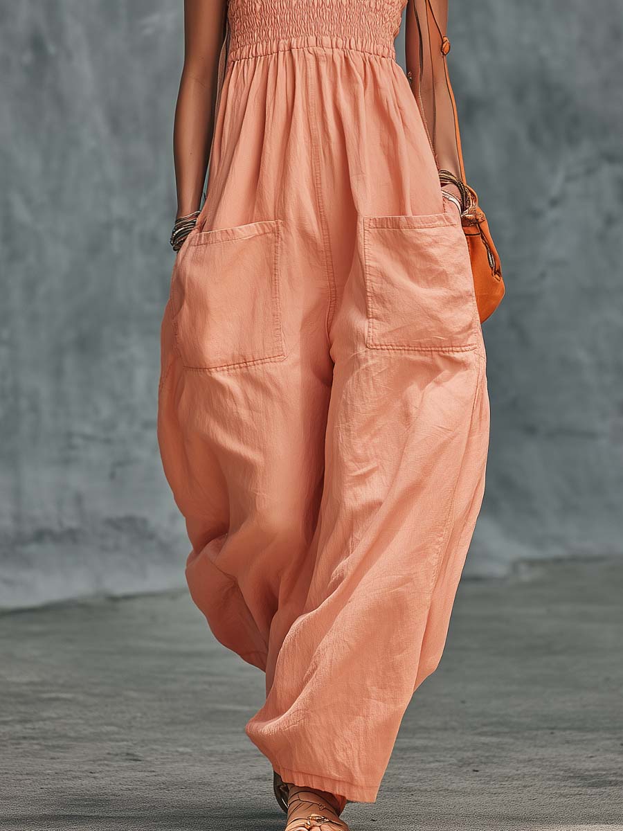 Leisure And Vacation Strapless Orange-Pink Cotton Jumpsuit