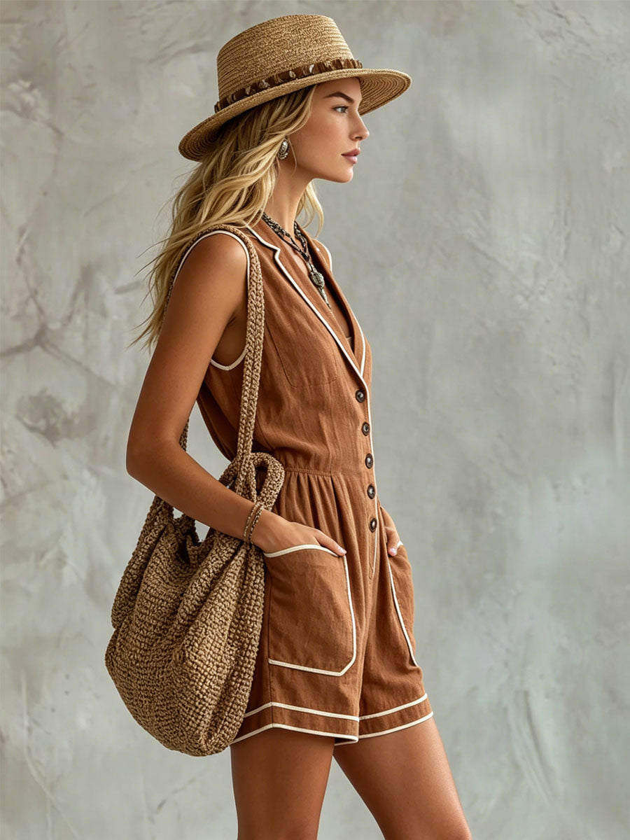 Collared Color-blocked Cotton-linen Sleeveless Multi-pocket Short Jumpsuit