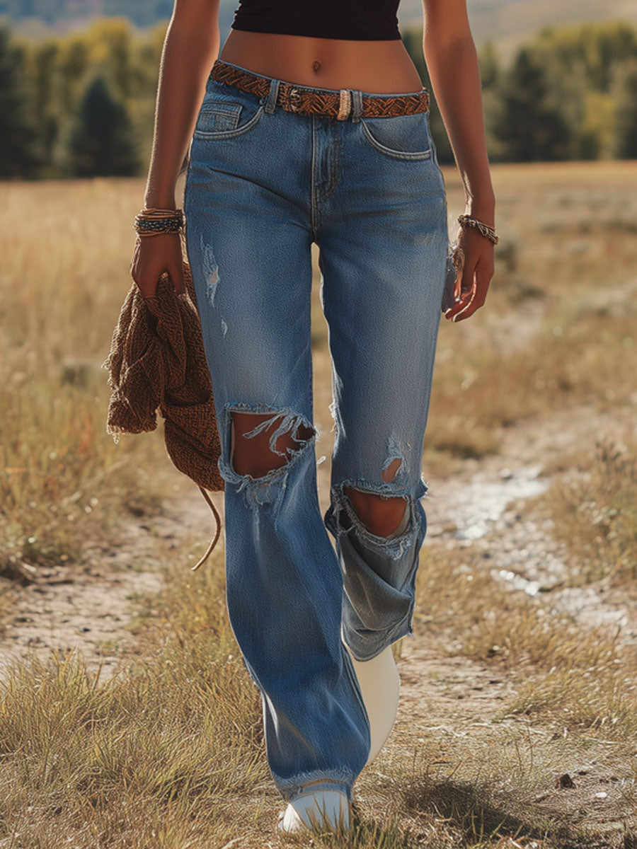 Retro Western-style Ripped Jeans
