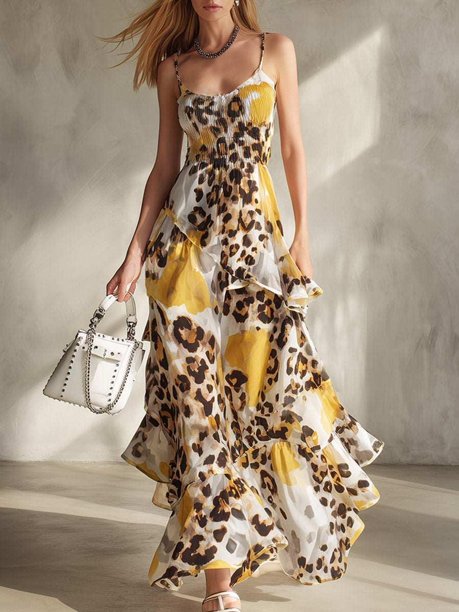 Elegant Sophisticated Ruffles Yellow Leopard Print Chiffon Strappy Maxi Dress