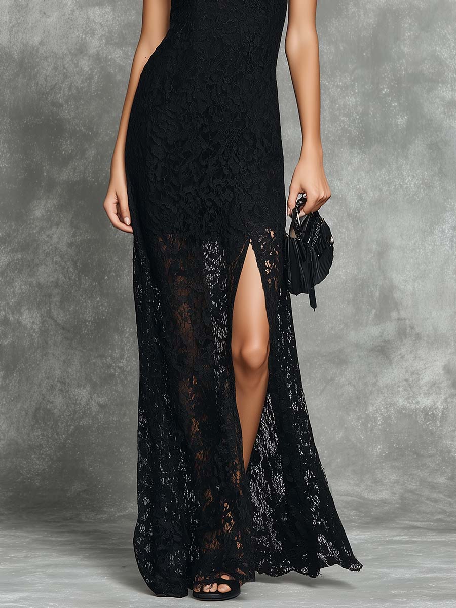 Elegant Retro And Quiet Luxury-Style Black Lace Slit Maxi Dress