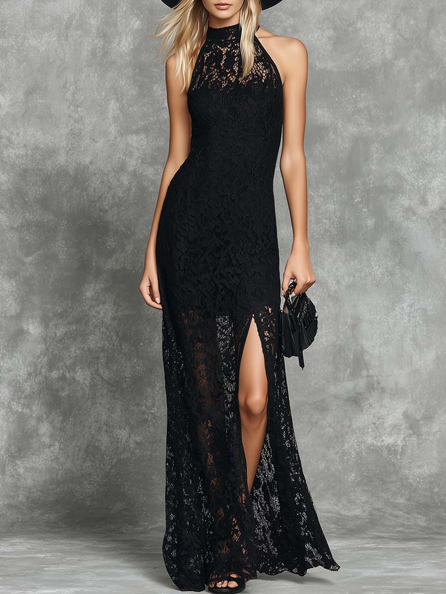 Elegant Retro And Quiet Luxury-Style Black Lace Slit Maxi Dress
