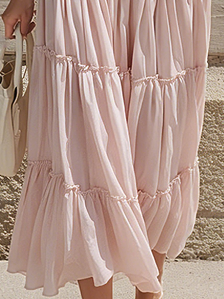 Retro-elegant Pink Sleeveless Low-waisted Cotton And Chiffon Midi Dress