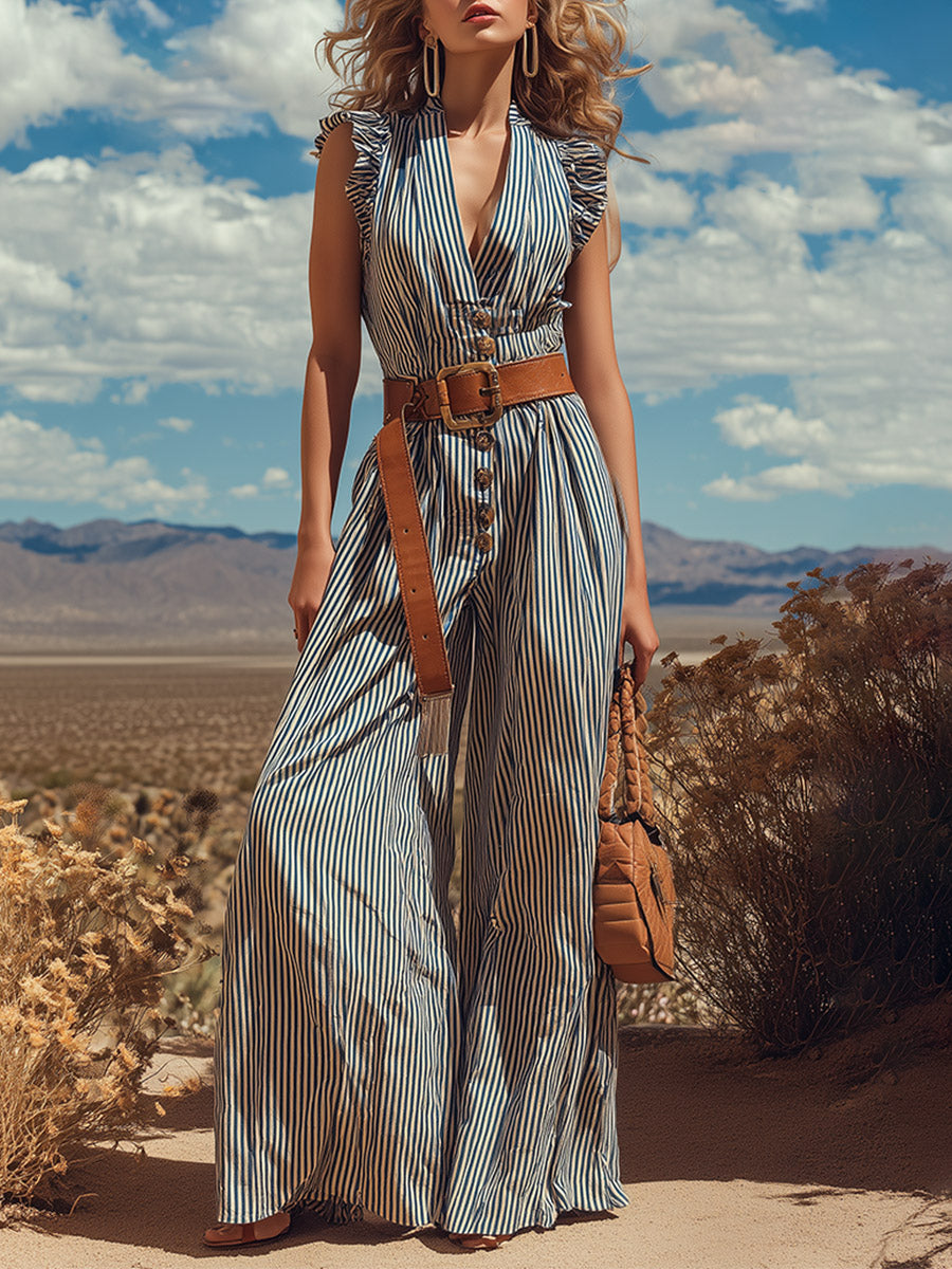 Elegant Retro Ruffles Blue Striped Sleeveless Jumpsuit