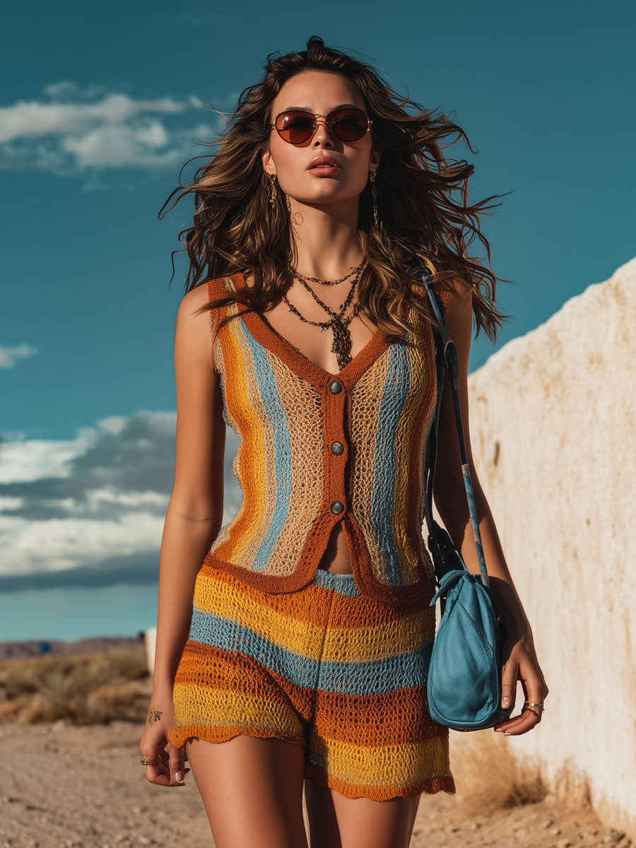 Vacation Retro Rainbow Striped Knit Sleeveless Top And Shorts Set