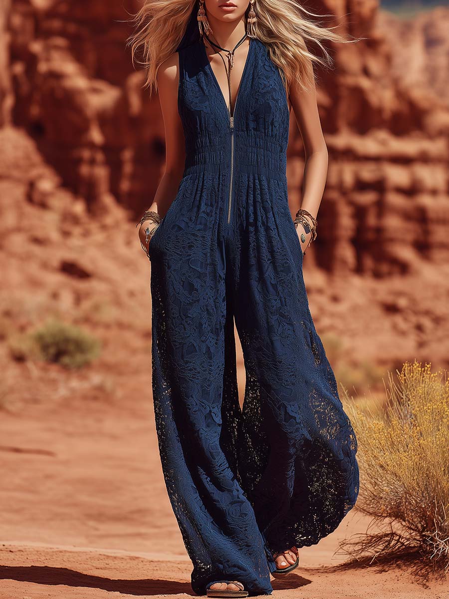 Elegant Refined Casual V-Neck Front Zipper Dark Blue Lace Jumpsuit