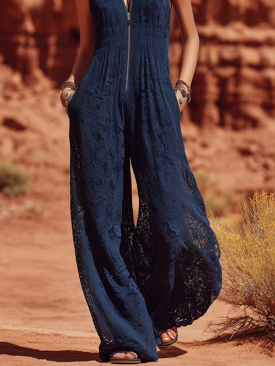 Elegant Refined Casual V-Neck Front Zipper Dark Blue Lace Jumpsuit