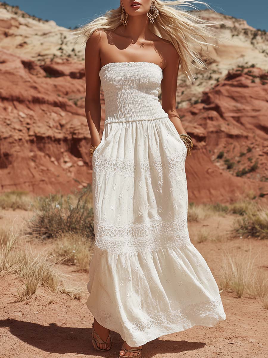 Fashion Vacation Strapless Lace Trim White Cotton Maxi Dress