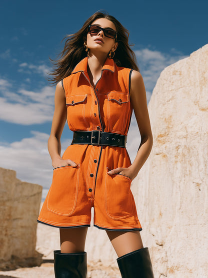 Casual Retro Black-trimmed Orange Cotton Linen Sleeveless Shorts Set