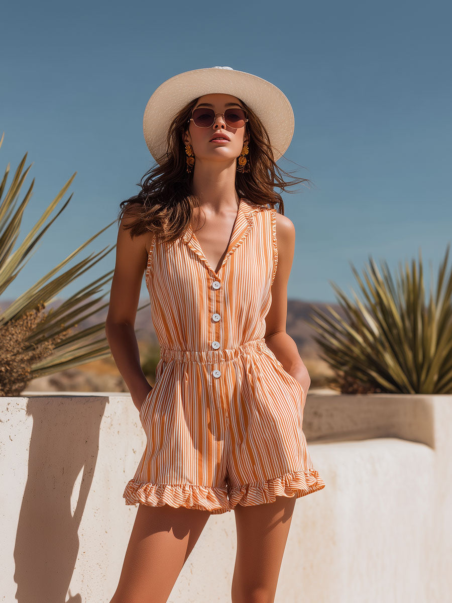 Vacation Retro Fashion Orange Chiffon Striped Ruffled Sleeveless Shorts Jumpsuit