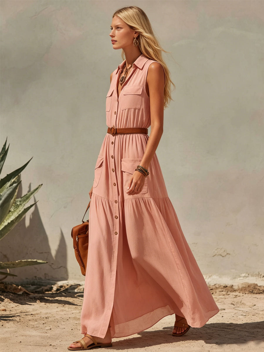 Lapel Multi-pocket Chiffon Sleeveless Maxi Dress
