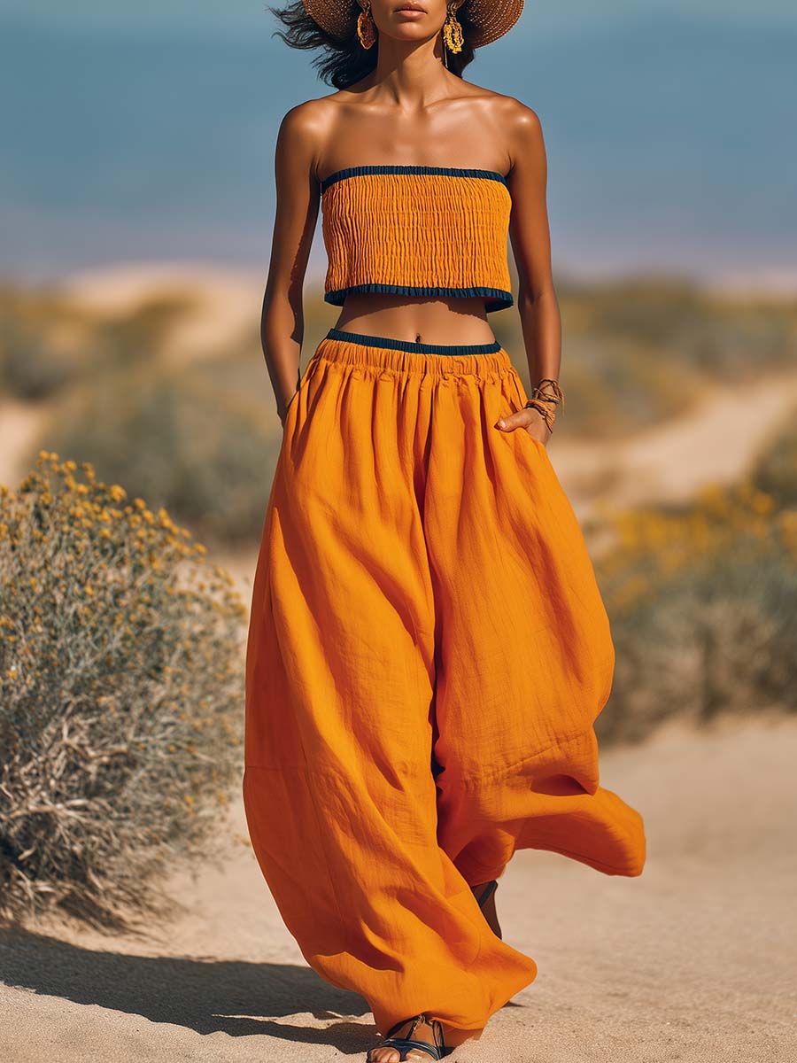 Vacation Fashion Orange Cotton-Linen Strapless Top And Pants Set