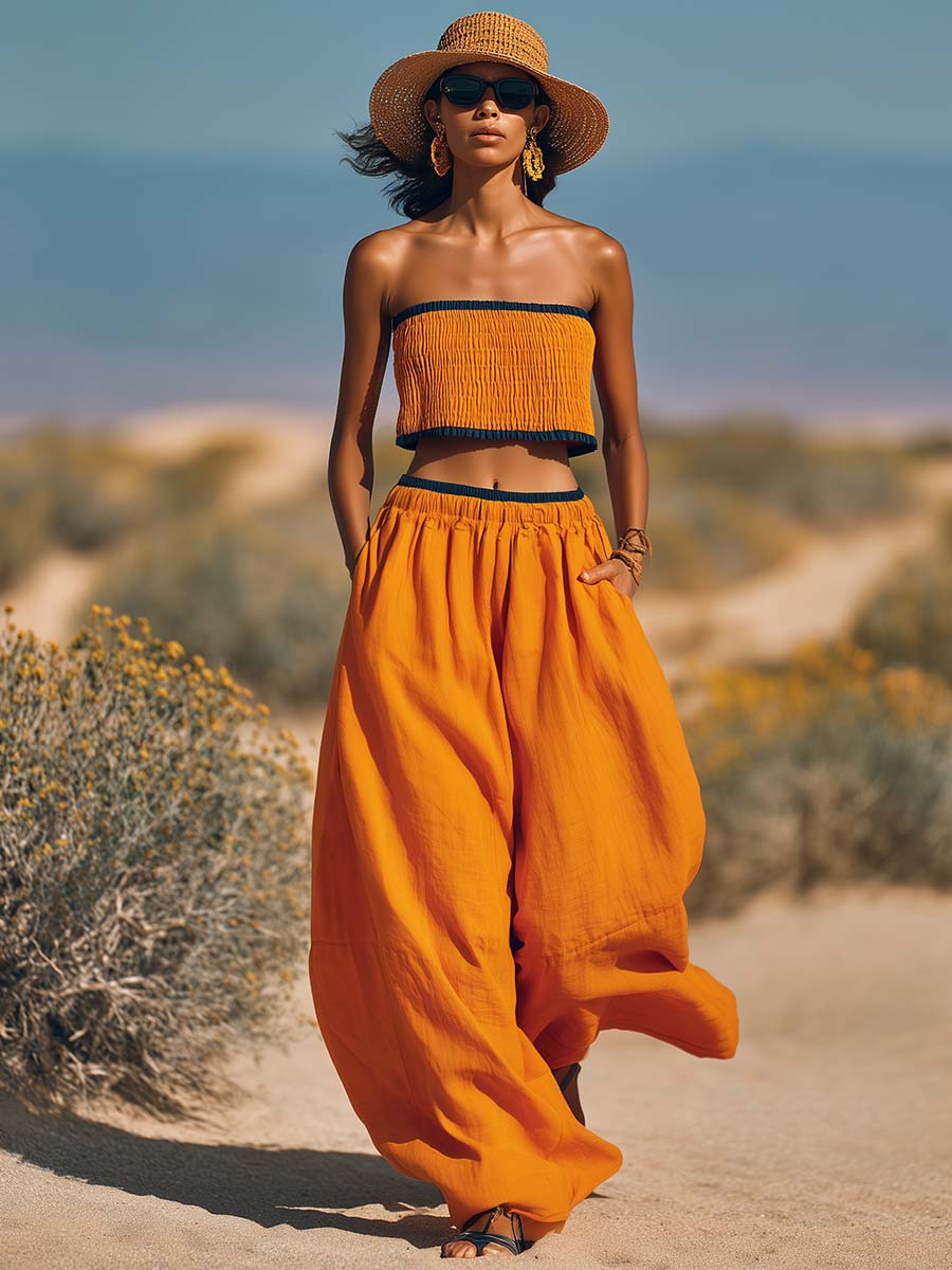 Vacation Fashion Orange Cotton-Linen Strapless Top And Pants Set