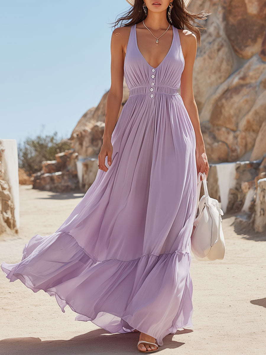 Vacation Retro Fashion Light Purple Chiffon Sleeveless Pleated Maxi Dress