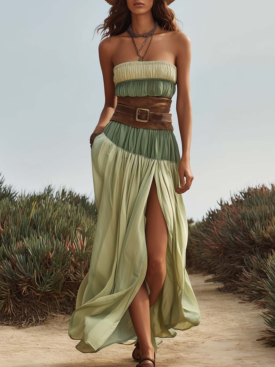 Vacation Fashion Faux Suede Waist Cinch Contrast Cotton Slit Maxi Dress