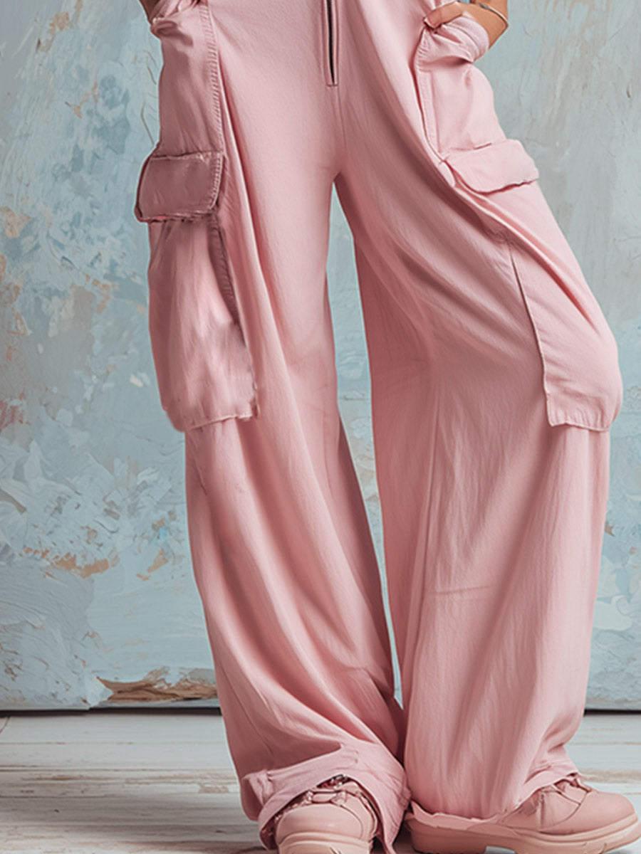 Retro Sporty Pink Multi-Pocket Jumpsuit