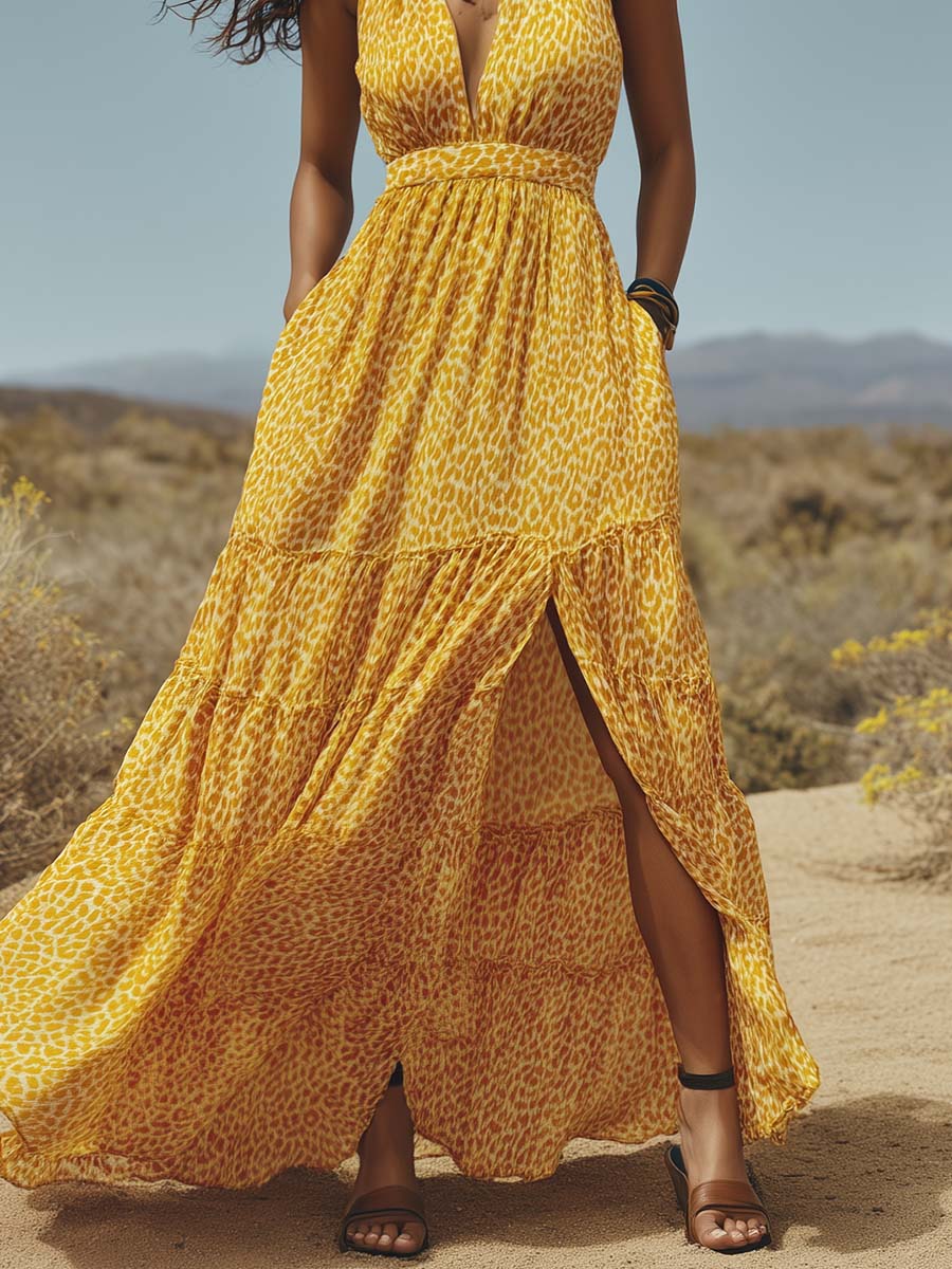 Retro Flowy Halter-Neck V-Neck Leopard Print Yellow Chiffon Slit Maxi Dress