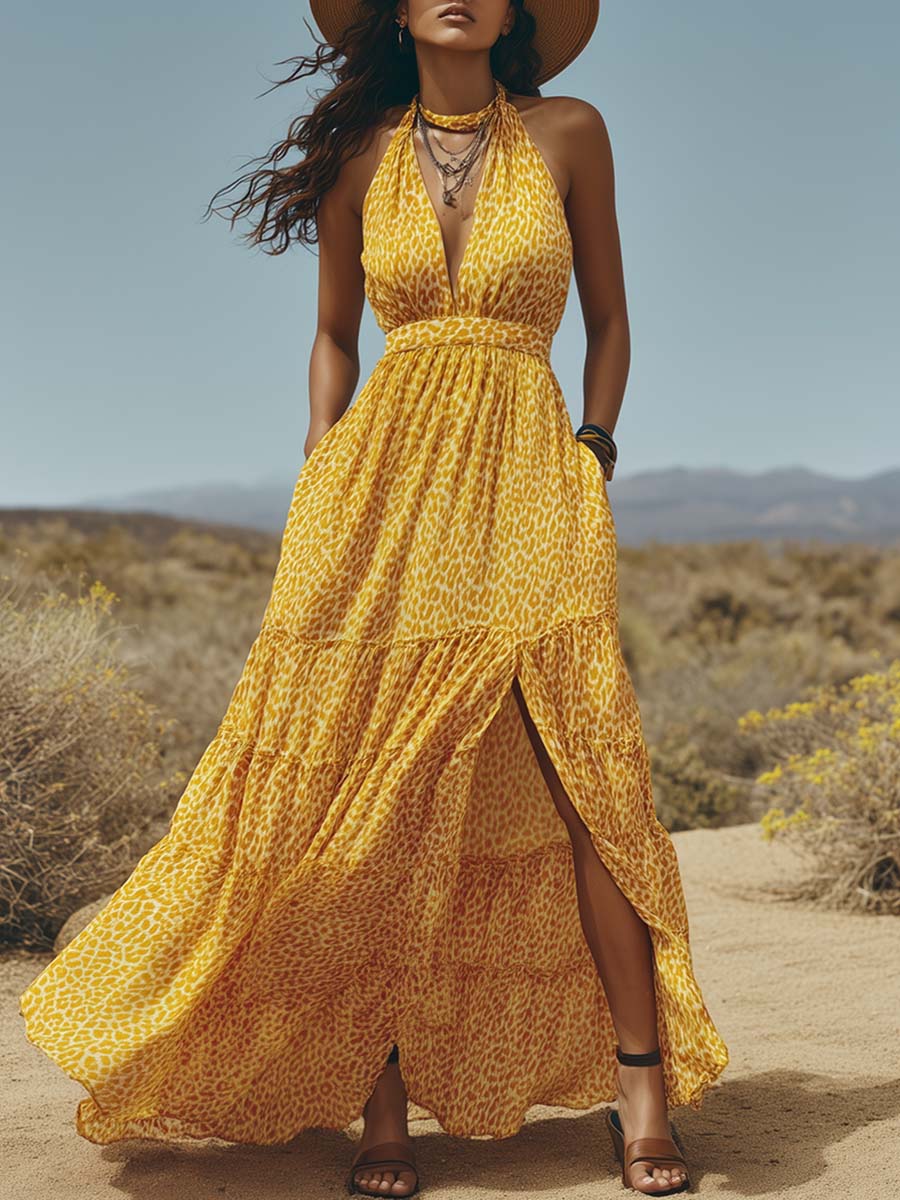 Retro Flowy Halter-Neck V-Neck Leopard Print Yellow Chiffon Slit Maxi Dress