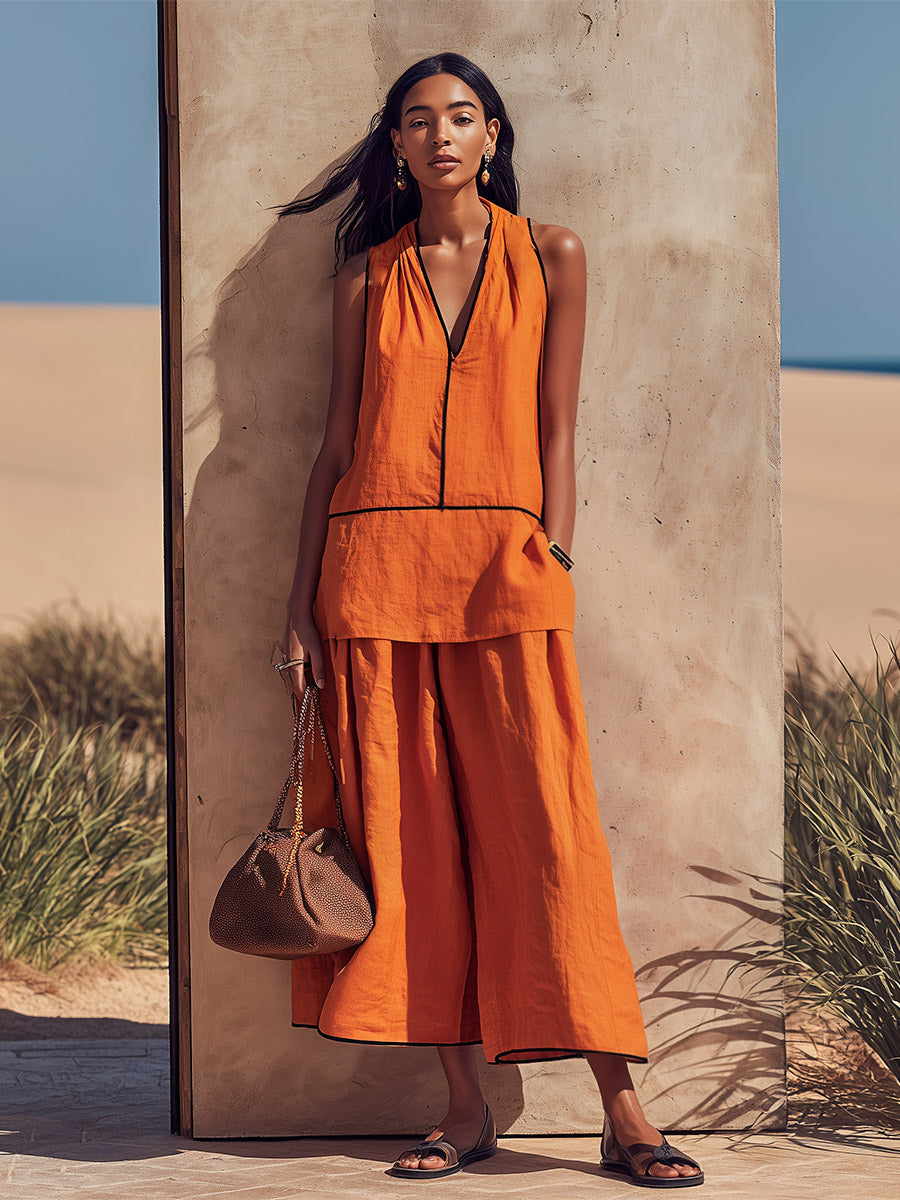 Retro-Elegant Piped Orange Cotton-Linen Vest And Cropped Trousers Set