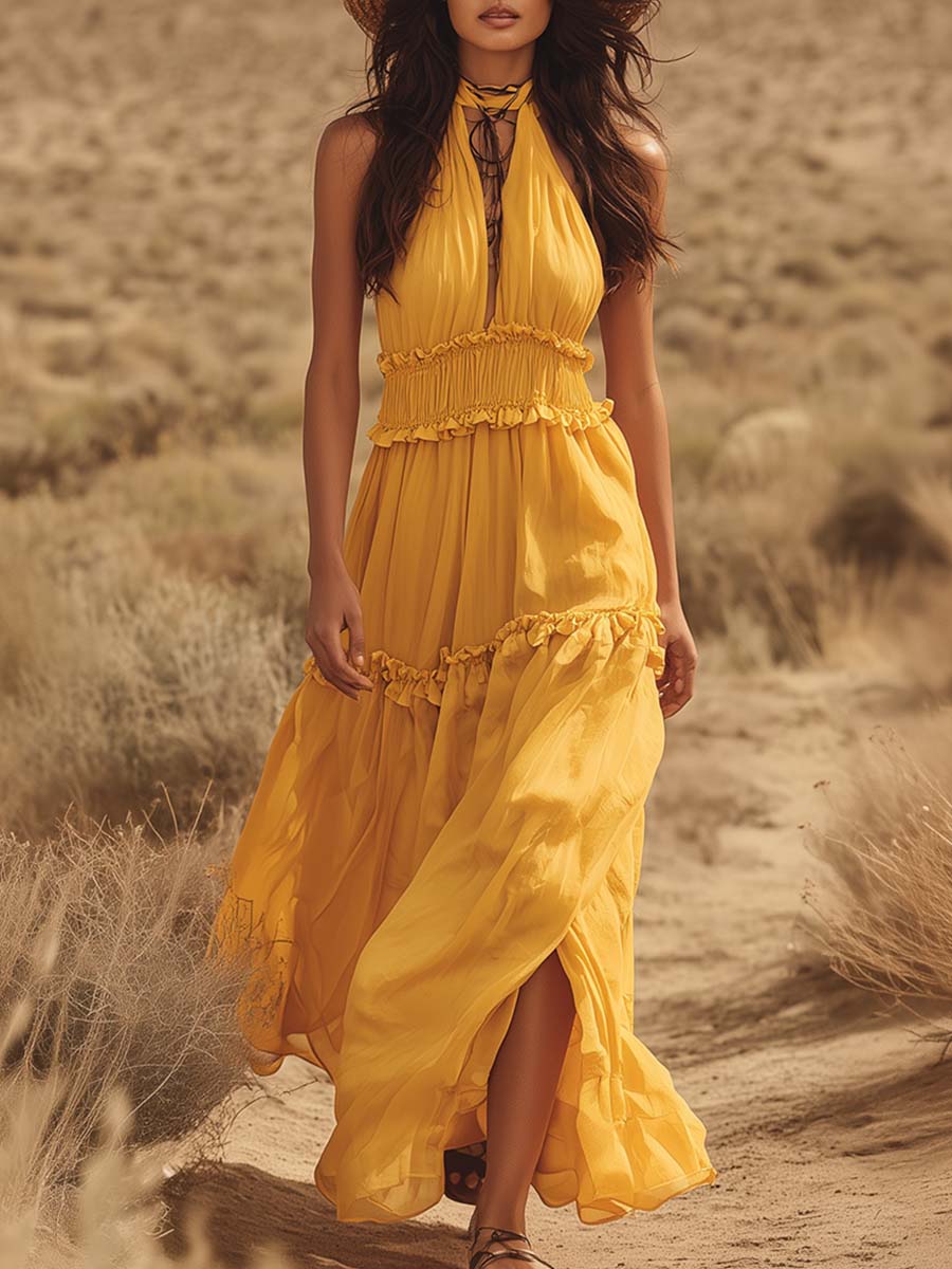 Vacation-Style Flowy Yellow Chiffon Halter V-Neck Maxi Dress