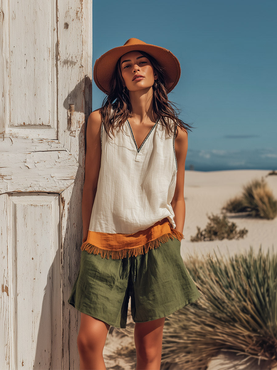 Retro Western-Style Casual Color-Block Cotton-Linen Vest &amp; Shorts Set