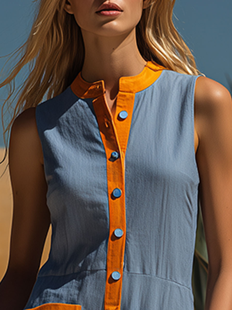 Retro Casual Color-blocked Trim Blue Sleeveless Button-down Jumpsuit