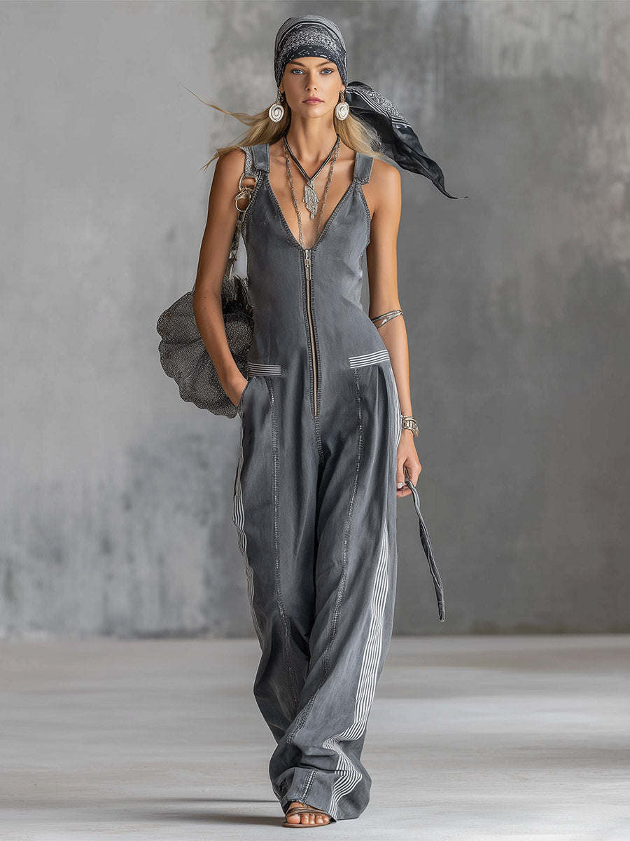 Retro Casual Striped-Trimmed Grey Denim Jumpsuit